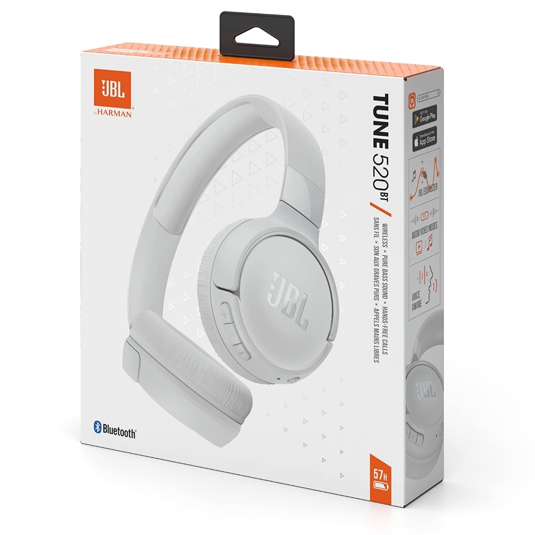 Casque Bluetooth JBL TUNE 520 – Son Pure Bass, connexion multipoint, coussinets confortables – Blanc
